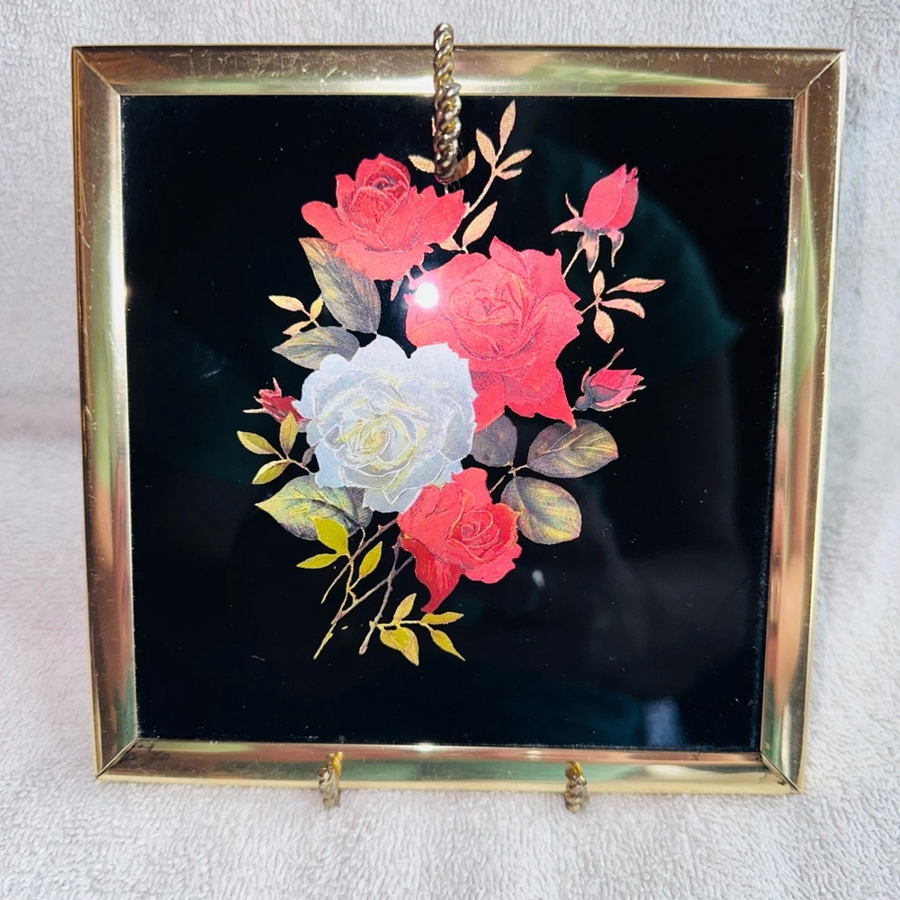 Vintage 1995 Kafka Industries Gold Foil Art Roses With Metal Display Stand